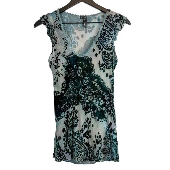 Y2K C-Lue Silk Blend Sheer Velvet Paisley Blosue w Lace Cami Blue - S - Picture 1 of 9